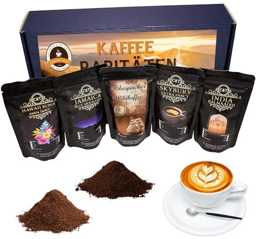 C&T edles & hochwertiges Kaffee Geschenkset | 5 exklusive Kaffeeraritäten á 80g Gemahlen | Geschenkidee für Männer & Frauen mit Hawaii Kona + Jamaica Blue Mountain + Äthiopischer Wildkaffee