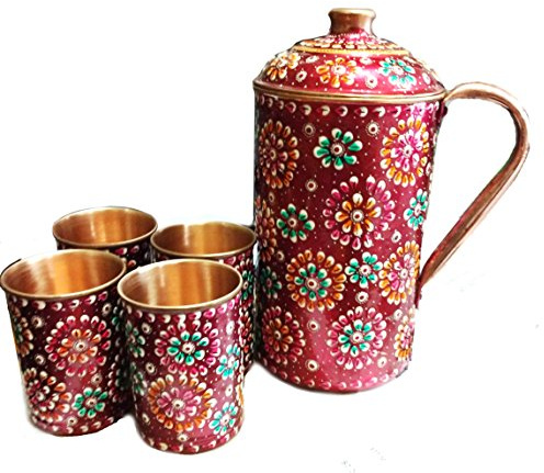 RASTOGI Kunsthandwerk reines Kupfer Drinkware Set von 1 Krug & 4 Glas handbemalt nutzbar & waschbar Deko Krug & Glas Diwali Weihnachten Festival Familie gelegentlichen Geschenke