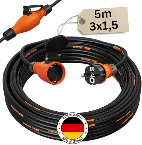 Verlängerungskabel 5 Meter IP54 Außen Verlängerung 5m Stromkabel Außenbereich Kabel Strom Verlaengerungskabel Gummikabel TITANEX 3x1,5 Schuko Outdoor Extension Cord