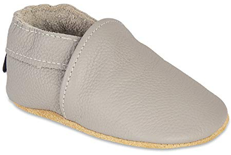 HMIYA Weiche Leder Krabbelschuhe Babyschuhe Lauflernschuhe mit Wildledersohlen für Jungen und Mädchen（12-18 Monate，Hellgrau）