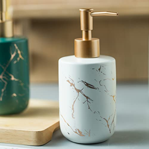 Hand Soap Dispenser With Marbling for Bathroom, White Dish Soap Dispenser For Kitchen, Ceramic Gold Pump Bottle Dispenser for Shower, 300ML.