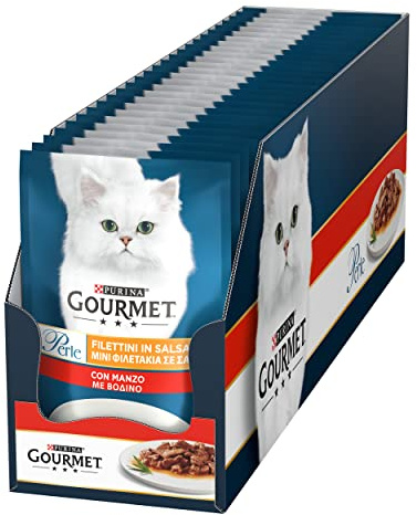 Purina Gourmet Perle Filettini in Salsa Cibo Umido per Gatti con Manzo, 26 Buste da 85g