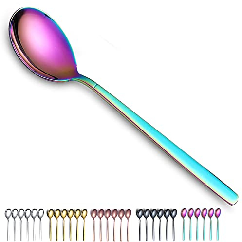Rainbow Dinner Spoons 6 Pieces, Kyraton 19cm Stainless Steel Titanium Plating Rainbow Table Spoons, Dessert Spoons, Cutlery Spoons Set, Dishwasher Safe.