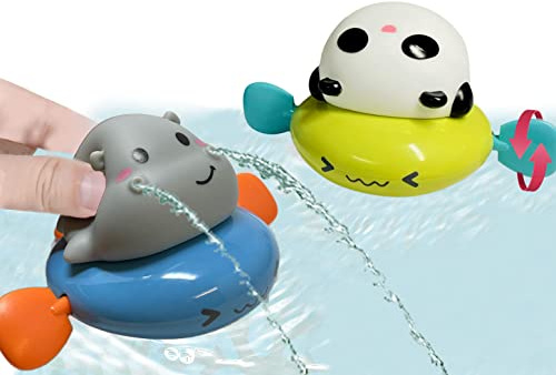 xwin sportseries Baby Bath Floating Swimming Pool Toys for Kids, Wind Up Bath Time Toys for Toddlers, Water Toys Swimming, Pull String Bathtub Swimming Toys, Pack of 2, Happy Hippo and Playful Panda