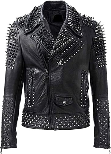 Brando Spikes dubbad rock punk motorcykel svart biker läderjacka, Svart – äkta läder, M
