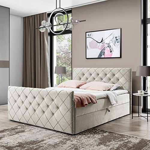 FURNISTAR Boxspringbett Doppelbett MONAKO - Bett mit Bonellmatratze, mit Bettkasten für Bettwäsche und Topper. Gepolstertes Kopfteil und Fussteil mit einer eleganten Steppung verziert (Beige, 180x200)