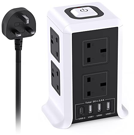 Tower Extension Lead with USB Slots, 3 USB-A(5V/2.4A) & 1 Type-C Port(5V/3A) and 8 Outlets Surge Protector Extension Lead with Switches, 2M Extension Cord for TV PC Laptops iPhones