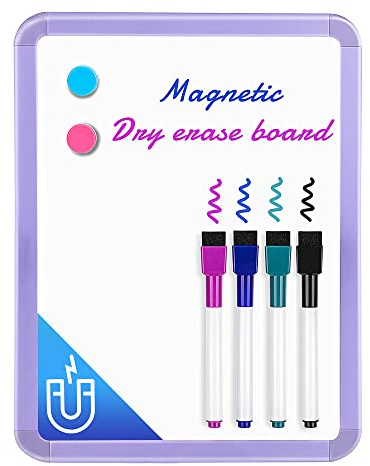 VUSIGN Magnettafel A4 mit Whiteboard Stiften & Zubehör – Magnetisches Whiteboard Klein für Zuhause, Schule & Büro – Trocken abwischbar mit Magneten, Klebepads & Stift mit Schwamm, Lila