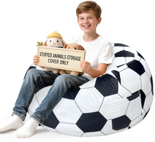 Lukeight Soccer Stuffed Animal Storage Bean Bag Chair Cover for Teens, Velvet Plush Toy Organizer Seat, Cover Only, No Filling Included, Long YKK Zipper, Side Pocket, XX-Large 36D x 20H