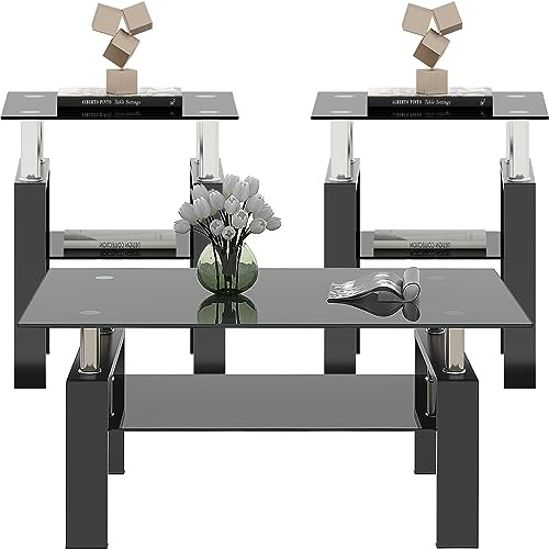 Black Glass Coffee Table Set of 3 Piece, Living Room Tables Set of 3 Pcs, Including 1 Coffee Table and 2 End Side Tables, Metal Frame, Tempered Glass, for Small Space and Home office, Apartment