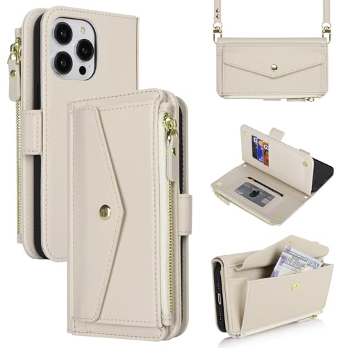 Zouzt for iPhone 14 Pro Wallet Case for Women, Purse with Credit Card Holder Slots Crossbody Lanyard Strap Zipper Flip Book Shockproof Protective Phone Cover for Apple 14 Pro 6.1 Inch (White)