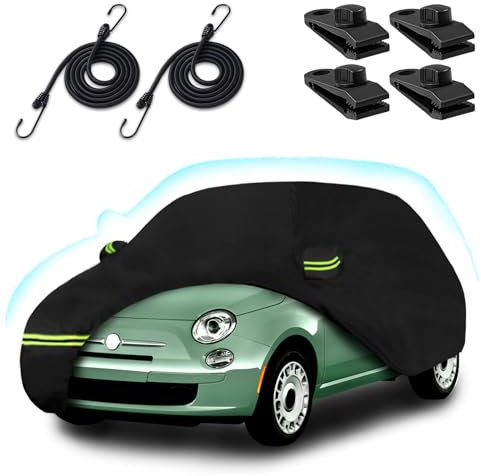 Autoabdeckung für 2007–2025 Fiat 500/500C/500E Abarth/New Fiat 500 (Schrägheck/Cabrio/3+1), 210T, wasserdicht, Schutz vor Sonne, Regen, Staub, Schnee, mit Baumwollfutter, Türreißverschluss, Schwarz
