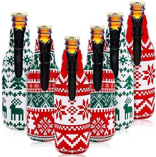 Whaline 6Pcs Christmas Beer Bottle Coolers Ugly Sweater Neoprene Sleeves Red Green Thermocoolers Zip-Up Bottle Jacket Sleeves Xmas Bottle Cooler Cover for Winter Party, 2.8 x 7.7 In