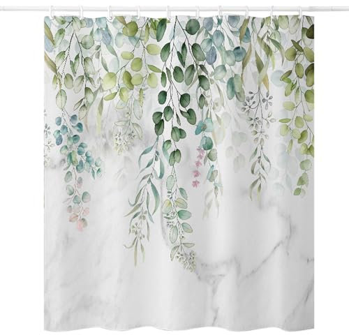 Bezavea 180 x 200cm Polyester Shower Curtains Mould Mildew Resistant, Bathroom Curtain Washable with 12 Hooks, Quick Drying Bathtub Curtain Printed with Plants Leaves