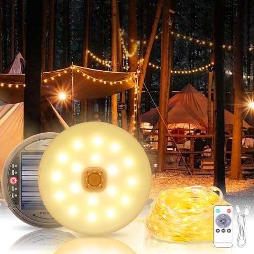 FLSEPAMB 3 en 1 con 130 LED Lampara Camping Solar 12M,Luz Camping Recargable 3600 mAh,Función de Luz SOS Faroles de Camping Recargable,Guirnaldas Luces Exterior Solar Camping