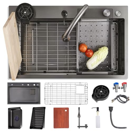 FIVIXIL Évier de cuisine Grand évier simple à pluie volante avec lave-tasses, distributeur de savon, pluie volante, grille à vaisselle Évier de cuisine à poste de travail (Gris canon, 66 * 50 * 21cm)