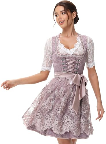 ELFIN Damen Midi Dirndl Elegante Trachtenkleid Dirndlkleid Trachtenmode Kleid für Oktoberfest inkl. Spitzen Dirndlschürze, Lila, 38
