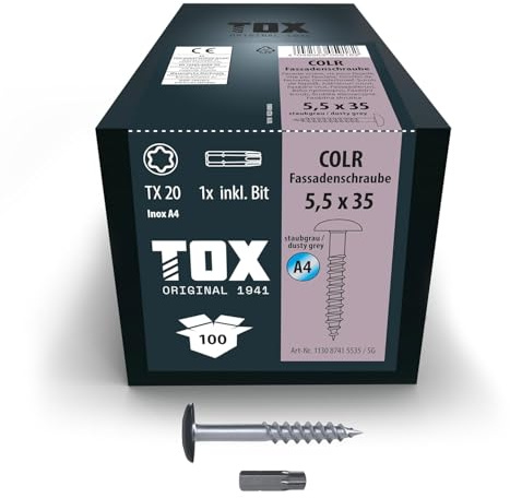 TOX Fassadenschrauben COLR 5,5 x 35 mm, Schrauben für Fassadenplatten aus Edelstahl A4 mit farbigem Tellerkopf, korrosions- und UV-beständig, 100 Stück im Karton, inkl. 1x Bit, 113087415535/SG