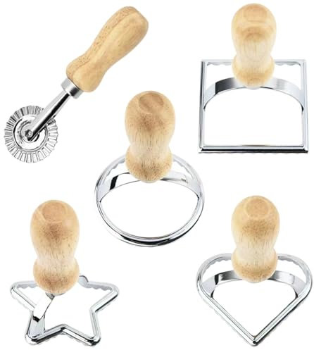 5 Piezas Cortador de Ravioli，Rueda Cortadora de Pasta con Mango de Madera，Cortapastas para Hacer Raviolis Pasta Empanadillas o Galletas.