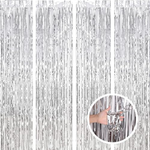4 Stück Silber Lametta Vorhäng 1m X 2m, Lametta Silber, Lametta Vorhang, Silvester Deko 2025,Party Deko, Geburtstagsdeko, Silberhochzeit Deko, Luftschlangen Geburtstag, Glitzervorhang,Deko Geburtstag