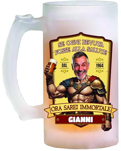 Bombo boccale birra in vetro etichetta immortale uomo capacità 500 ml | bicchieri birra personalizzato con data di nascita, nome e faccia del festeggiato