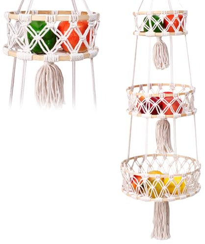 GOEDCH Cesto per Frutta da Appendere: Cesto da Parete 3 Livelli, Stile Bohemien Cestini Portaoggetti da Parete, Cestino Sospeso, Cesto di Frutta da Parete, Organizer da Parete per Cucina, Camera