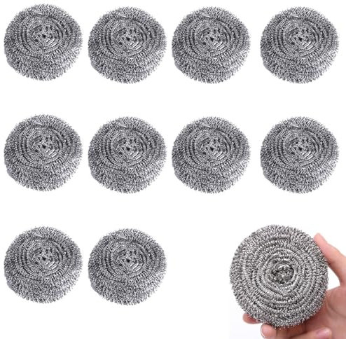 Stainless Steel Scourer, 10 Pieces Wire Scourers, Metal Sponge, Pan Scourers, Heavy Duty Scouring Pads, Stainless Steel Scrubber for Kitchen, Long Lasting Scourer For Cleaning, Silver