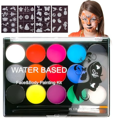 SUNZWO Kinderschminke Set – 15 Farben Gesichtsbemalung mit 2 Pinseln und 4 Schablonen, Ideal für Halloween, Geburtstage und Karneval – Face Paint Set für Kinder