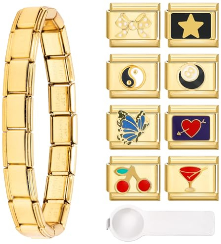 Bracelet Kunoli à breloques en or, avec 8 breloques italiennes, modules amovibles DIY de 9 mm pour bracelets italiens (A)