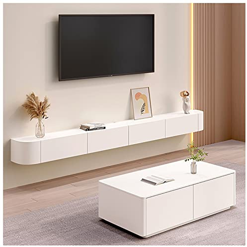 Mobile TV sospeso a parete con fori per cavi, console multimediale e ripiani portaoggetti per soggiorno e camera da letto, colore bianco, 160 cm
