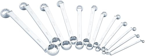 Vigor Double Ring Spanner Set V7750/12, 12 Pieces, Sizes 6 x 7-30 x 32 mm, 15 Degree Offset, Outside Double Hexagon Profile, Chrome-Plated and Polished, According to DIN 838/ISO 10104