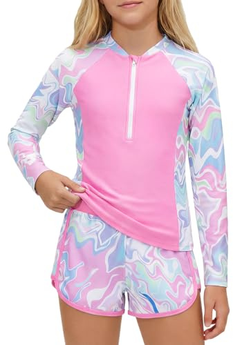 JiAmy Maillot de bain deux pièces pour fille avec short, maillot de bain 2 pièces, maillot de bain à manches longues avec fermeture éclair, maillot de bain rashguard 8-12 ans, rose, 11-12 ans