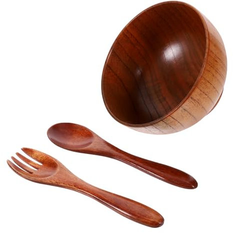 OZBME Juego de ensaladeras de Madera Cuenco Natural con Cuchara y Tenedor Cuencos Ligeros para Servir Frutas, ensaladas y más