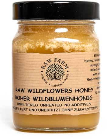 Raw Farm – Miele crudo puro di fiori selvatici – 450g – 100% naturale – Non filtrato – Non riscaldato – Non pastorizzato – Diretto dall’alveare