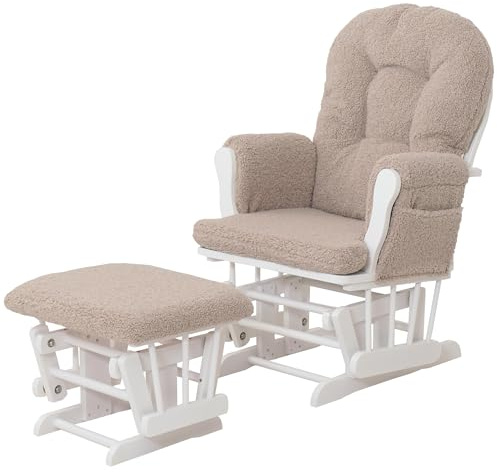 Mendler Relaxsessel HWC-C76 Stoff - braun Gestell weiß | Schaukelstuhl, Sessel, Schwingstuhl mit Hocker, Bouclé, 480g/m², Öko-Tex