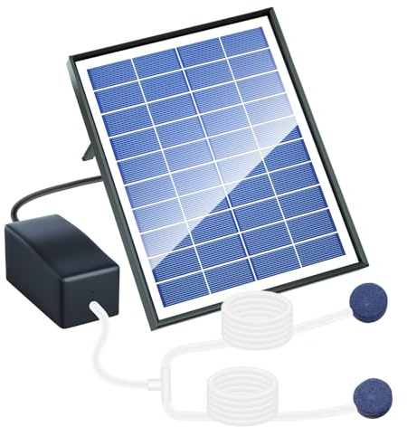 Agarte Solar Powered Air Pump Kit, 10V 6W Solar Pond Aerator, Solar Oxygenator with Air Pump Air Hoses and Airing Stones for Garden Fish Tank Pool Pond, Aquarium Oxygen Aerator, No Noise, Black