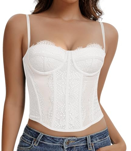 Werkiss Lace Boned Corset Top for Women Going Out Bustier Corset Top with Straps Sexy Overbust Corsets Push Up Crop Tops(White-Lace, S)