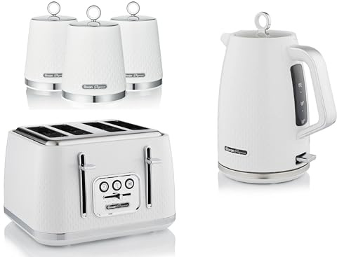 Swan Elegance White 1.7L Kettle, 4 Slice Toaster and Tea, Coffee, Sugar Canisters. Contemporary Matching Kitchen Set with a Textured Gloss Finish and Stainless Steel/Chrome Accents