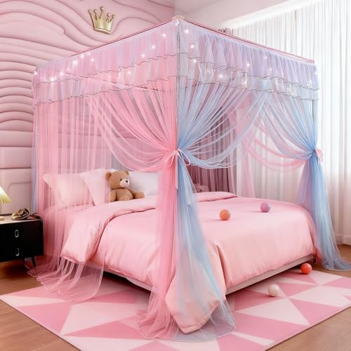 Full Size Bed Canopy with Lights, Bed Canopy for Girls Princess with Luminous Stars, Canopy Bed Curtains for Full Bed Kids Indoor Decor Bedroom, 4 Corner Post Bunk Bed for Student Dormitory, Blue&Pink