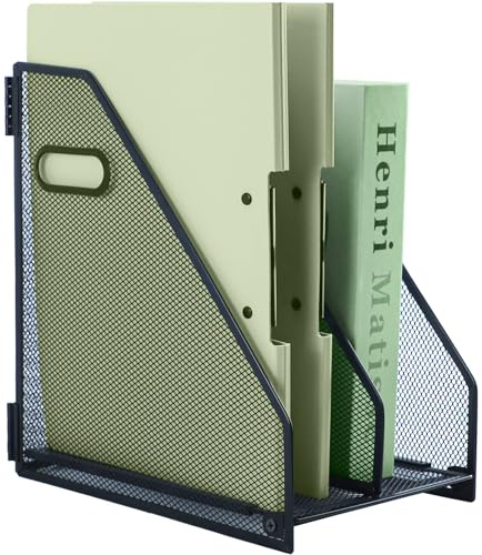 IOUGDSEC Porte-revues en métal pour bureau avec 2 compartiments verticaux, porte-documents A4 avec poignée, porte-documents en maille durable pour bureau, école et maison, noir