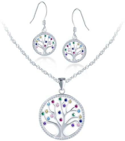 MICMIF Collar y Pendientes Colgantes de Árbol de la Vida con Colores de Circonitas para Mujer, Plata de Ley 925 Juegos de Joyas Árbol Colgante con Cadena y Pendientes para Mujeres Niñas