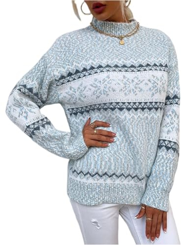 TOFOTL Norweger Pullover Damen,Rollkragenpullover Baumwolle,Mode Rollkragen Longsleeve Norwegerpulli Longpullover Feinstrickpullover,100 Prozent Langarm Strick Kaschmir Pullover Damen, Himmelblau M