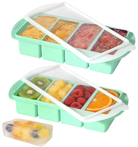 SKIKHN Bandeja de Silicona para Congelador, 2 Pieza Apilables Silicona para Cubitos de Hielo Molde con Tapa, Moldes de Silicona para Congelador con 4 Compartimentos, para Congelar, Congelar y Salsa(2)