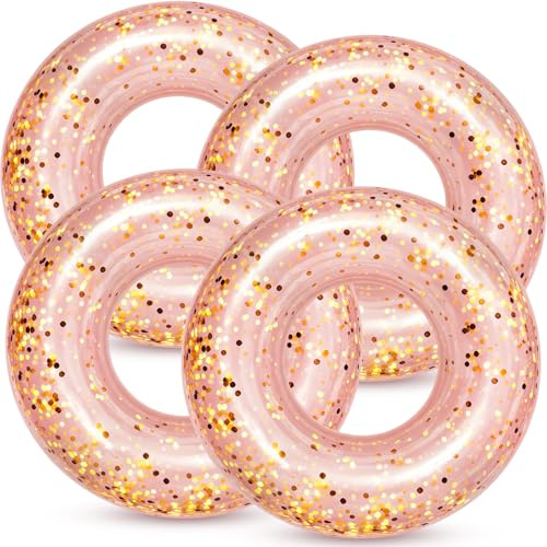 ShinyRelief 4 Pcs 42 Inch Large Inflatable Pool Float Tube for Adults Inflatable Swim Ring Colorful Glitter Sparkly Confetti Swim Ring Beach Summer Swimming Pool Float (Rose Gold)