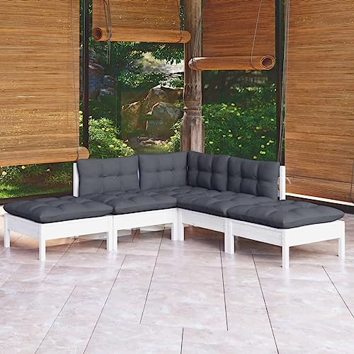 Mokuyary 5-TLG. Trädgårdsloungeset med kudde, vit furu, trädgårdsmöbelset, utomhus, balkongset, terrassmöbler, trädgårdslounge, sittgrupp för terrass, balkong, trädgård – B