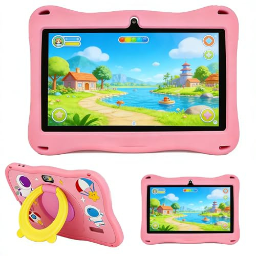 Pak2iaa Kids Tablet 7 Inch Android 13 for Ages 3-7, 4GB RAM 32GB ROM Children's Tablets with Parental Control, WiFi, Bluetooth, Dual Cameras, 2500mAh Battery (Pink Case & Yellow Stand)
