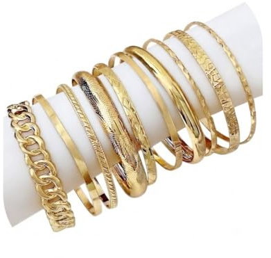 AORHOFJ Set de 10 Pulseras Ajustables Apilables para Mujer Oro Dorado Acero Inoxidable Chapado en Oro Pulseras de Cadena Gruesa y Texturizadas Brazaletes Regalo para San Valentín Día de la Madre