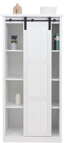 Mendler Armario HWC-K75AM, cómoda con puerta corredera, 8 compartimentos de almacenamiento, aspecto de madera, metal industrial, 163 x 76 x 38 cm, color blanco
