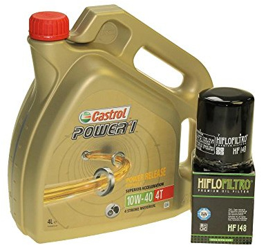 Castrol SAE 10W-40 Power 1 4T - Kit de cambio de aceite (4 L, incluye filtro de aceite Hiflo HF148, p. ej., para Yamaha FJR 1300, TGB 425, 525, 550)
