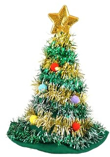 Henbrandt 1 x Adult Christmas Tree Hat with Tinsel and Gold Star Topper 43cm | 17inch Christmas Holiday Party Headwear Fun Gift Xmas Fancy Dress Costume Accessory Novelty Hats for Men and Women